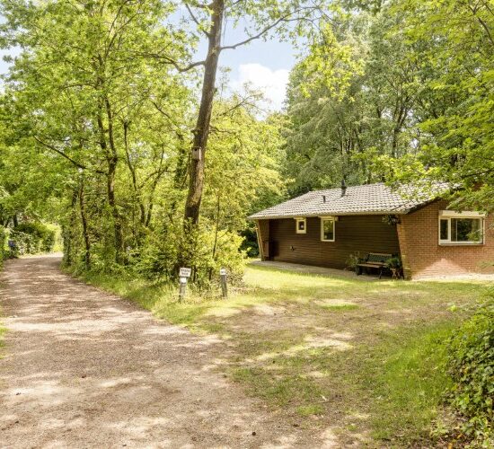 Vooraanzicht van de vrijstaande recreatiewoning met een prachtige ligging aan de Kattenbergweg 1-60 te Winterswijk
